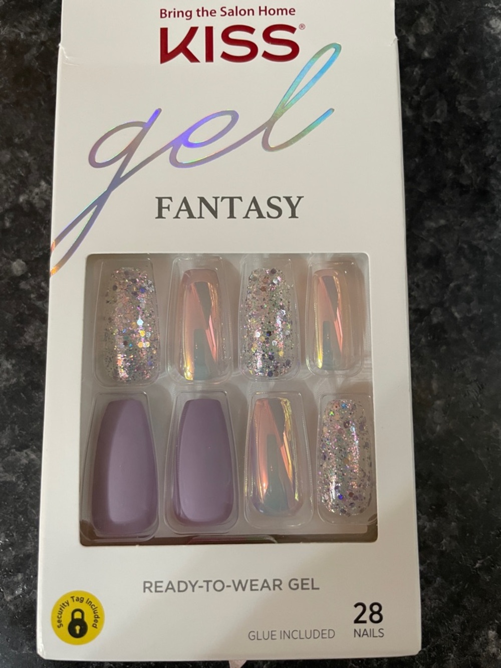 Kiss Gel Fantasy Ready-to-Wear Nails in Lavender and Iridescent Glitter